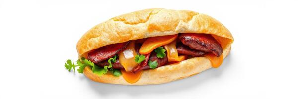 Delicious meat sandwich with fresh vegetables and sauce, perfect for a quick meal or lunch option photo