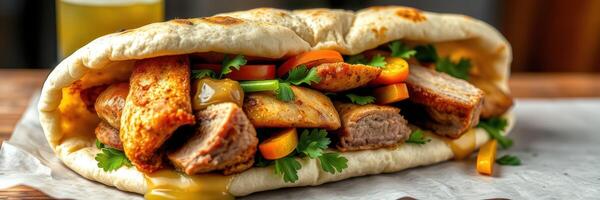 Deliciously crafted pita bread filled with tender chicken, fresh vegetables, and savory sauce in a cozy setting photo