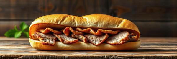 Delicious sandwich filled with tender roasted meat on a rustic wooden table photo