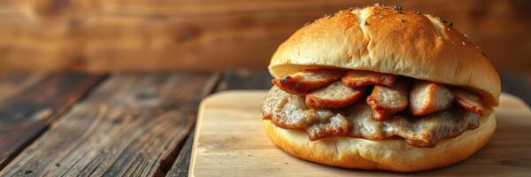Freshly prepared sandwich with layered meat served on a wooden board in a rustic setting photo