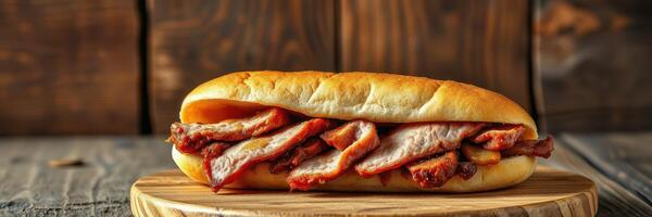 Delicious pork sandwich served on a wooden board in a rustic setting with warm lighting photo