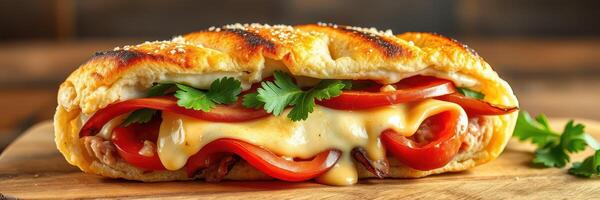 Delicious grilled sandwich with cheese, peppers, and cilantro served on a wooden board photo