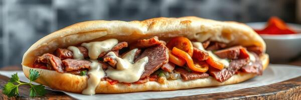 Delicious sandwich filled with grilled meat, peppers, and creamy sauce served in a soft bun for a satisfying meal photo