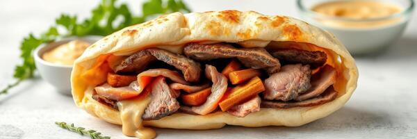 Delicious wrap filled with grilled meat and vegetables served with rich sauce on a light surface photo