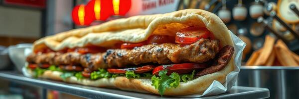 Delicious sandwich with grilled meat and fresh vegetables served at a bustling street food stall in the evening photo