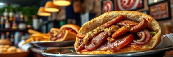 Delicious sandwich topped with grilled meats served in a cozy eatery during lunchtime photo