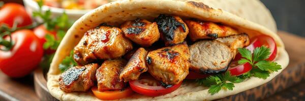 Grilled chicken wrap filled with tomatoes and herbs served on a wooden board in a sunny setting photo