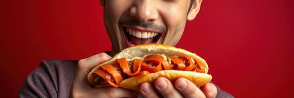 Man enjoying a delicious sandwich filled with fresh vegetables against a vibrant red background photo