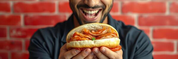 Man enjoys a delicious sandwich filled with colorful ingredients against a brick wall backdrop photo