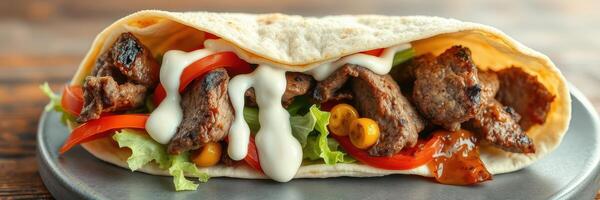 Savory beef wrap with fresh vegetables and creamy sauce, perfect for a quick meal or snack option photo