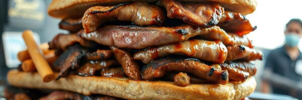 Sizzling meat sandwich stacked high with caramelized flavors and crispy edges photo