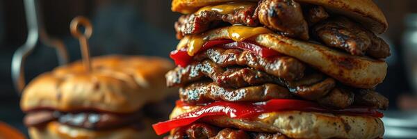 Stacked grilled meats with melted cheese and peppers at a local barbecue joint photo