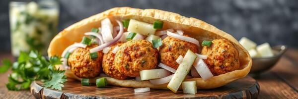 Delicious falafel wrap filled with fresh vegetables served on a wooden board in a vibrant setting photo