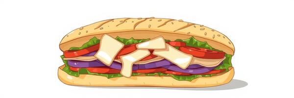 Detailed depiction of a colorful sandwich showcasing layers of fresh ingredients on a toasted baguette photo