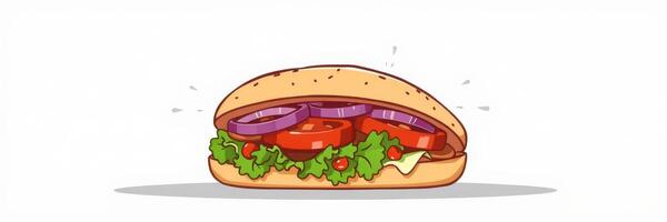 Colorful sandwich filled with fresh vegetables and toppings served on white background photo