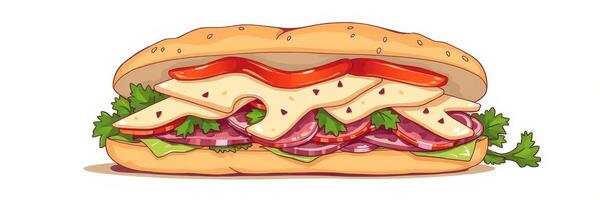 Sandwich with layers of cheese, meats, and fresh vegetables served on a toasted bun photo