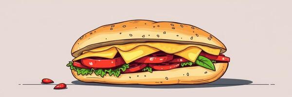 Freshly made sandwich with cheese, tomatoes, and lettuce in a warm bun served on a light background photo