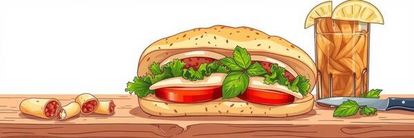 Delicious sandwich with fresh vegetables served with iced tea on wooden table photo