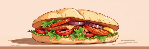 Delicious sandwich filled with fresh vegetables and savory meat on a light background photo