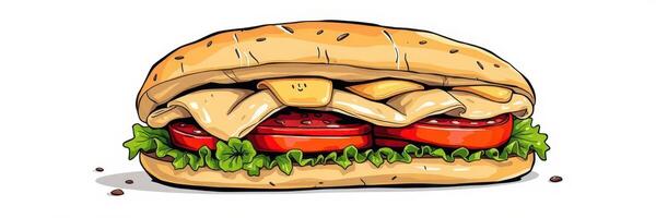 Delicious sandwich with turkey, cheese, tomatoes, and lettuce on a wheat roll ideal for lunch photo