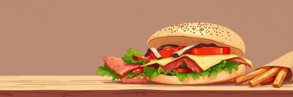 Mouthwatering burger with fresh ingredients and crispy fries served on wooden table photo