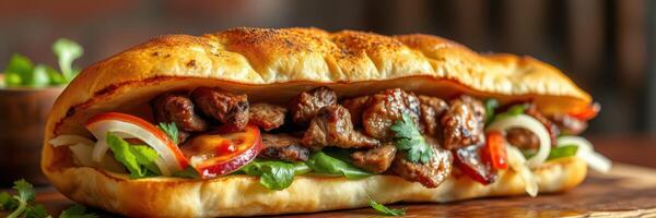 Delicious sandwich featuring tender meat and fresh vegetables served in a warm, crispy baguette photo