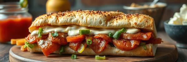 Delicious sandwich with grilled vegetables and creamy sauce served on rustic wooden board photo