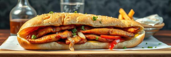 Delicious grilled chicken sandwich served with fries and a drink in a cozy restaurant setting photo