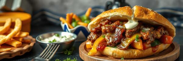 Delicious burger with grilled peppers and fries served on a wooden plate in cozy setting photo