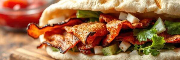 Delicious flatbread filled with crispy bacon, fresh vegetables, and flavorful herbs at a local eatery photo