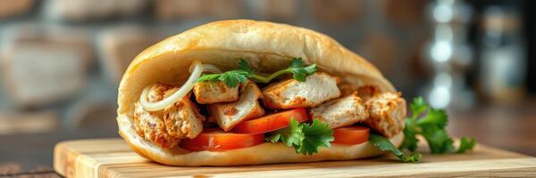 Tasty chicken sandwich with fresh vegetables served on a wooden board in a cozy setting photo