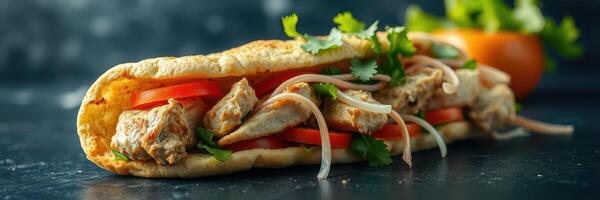 Tasty wrap filled with grilled chicken, fresh vegetables, and herbs on a dark background photo