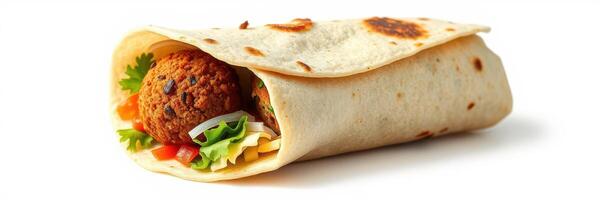 Delicious falafel wrap filled with fresh vegetables and herbs served on a soft tortilla photo