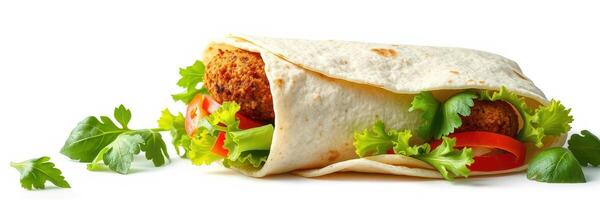 Delicious falafel wrap filled with fresh vegetables and herbs on a clean surface photo