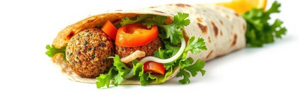 Fresh wrap filled with vibrant vegetables and falafel served on a clean surface photo