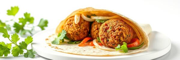 Fresh falafel wrap with vegetables and herbs on a white plate ready to eat photo
