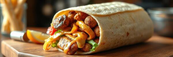 Delicious taco wrapped with savory fillings served on a wooden board during lunchtime at a casual dining restaurant photo