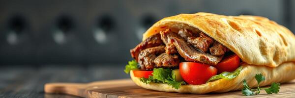 Delicious beef sandwich served on fresh bread with vegetables in a casual dining setting photo