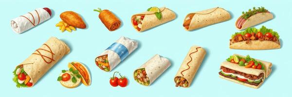 Creative display of various rolled and wrapped food items on a bright blue background photo
