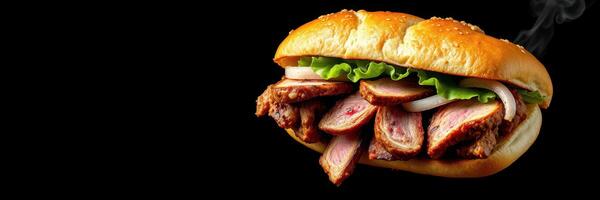 Delicious barbecue sandwich with succulent meat and fresh toppings served on a sesame seed bun photo