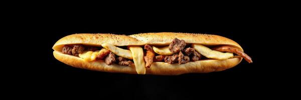 Satisfying sandwich filled with seasoned beef, grilled onions, and melted cheese on a fresh hoagie roll photo