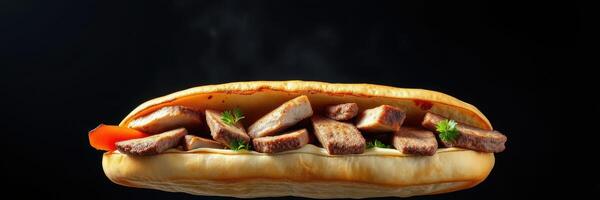 Delicious grilled meat sandwich prepared with fresh ingredients against a dark background photo