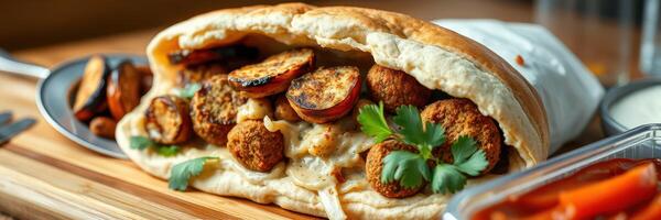 Delicious sandwich filled with falafel, grilled vegetables, and fresh herbs on a wooden board photo