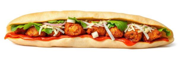 Tasty sub sandwich featuring crispy chicken, fresh vegetables, and flavorful sauce in a soft bread roll photo
