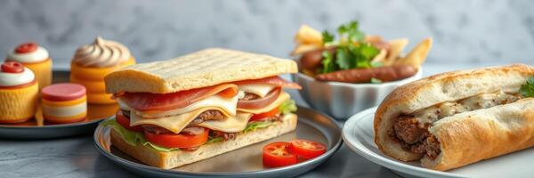 Delicious sandwiches and desserts plated on a marble table with fresh ingredients and side snacks photo
