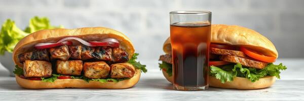 Delicious sandwiches with grilled chicken and refreshing drink served on a table photo
