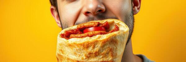 Man enjoying a delicious wrap filled with fresh ingredients against a bright yellow background photo