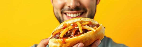 Man enthusiastically holding a delicious hot dog with toppings against a bright yellow background photo