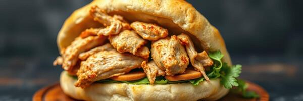 Tasty chicken sandwich loaded with succulent grilled chicken and fresh vegetables on a rustic wooden board photo