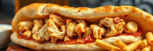Savory grilled chicken sandwich served with crispy fries on a wooden table in a casual dining setting photo